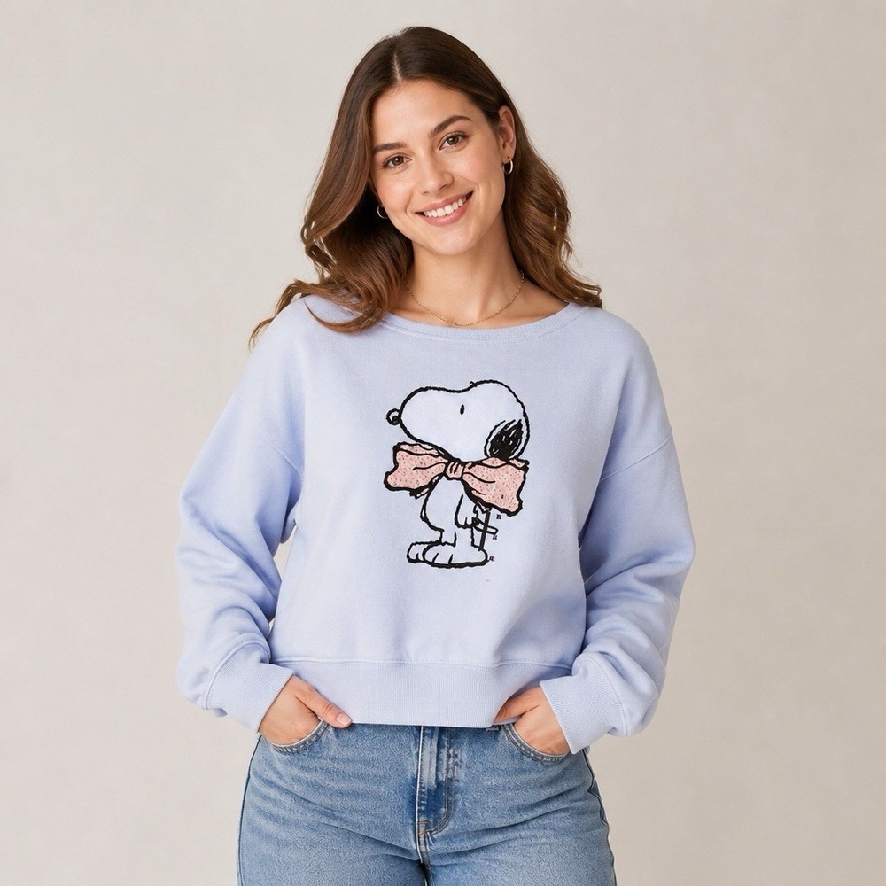 Women's Peanuts Snoopy W Pink Bow Size XL Blue Fleece Sweatshirt Wide Crew Neck